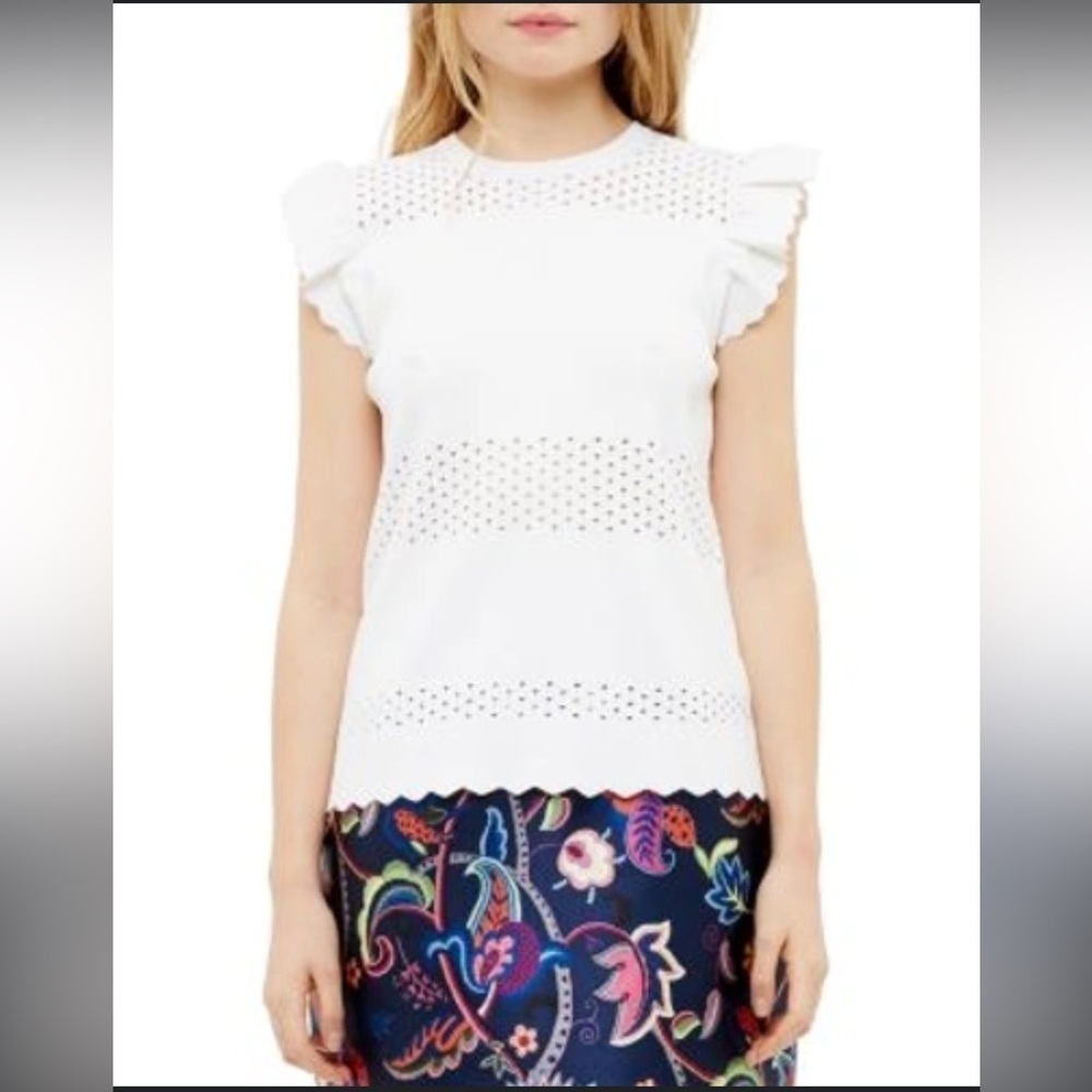 Ted Baker London Jesile White Pointelle Ruffle Knit Top Size 4